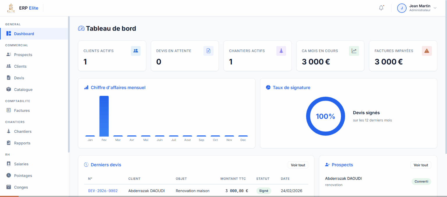 Tableau de bord de l'ERP ydeer — gestion clients, devis, factures, pointage